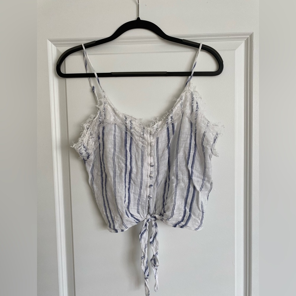 South Moon Under blue and white striped crop top with lace, tie at bottom